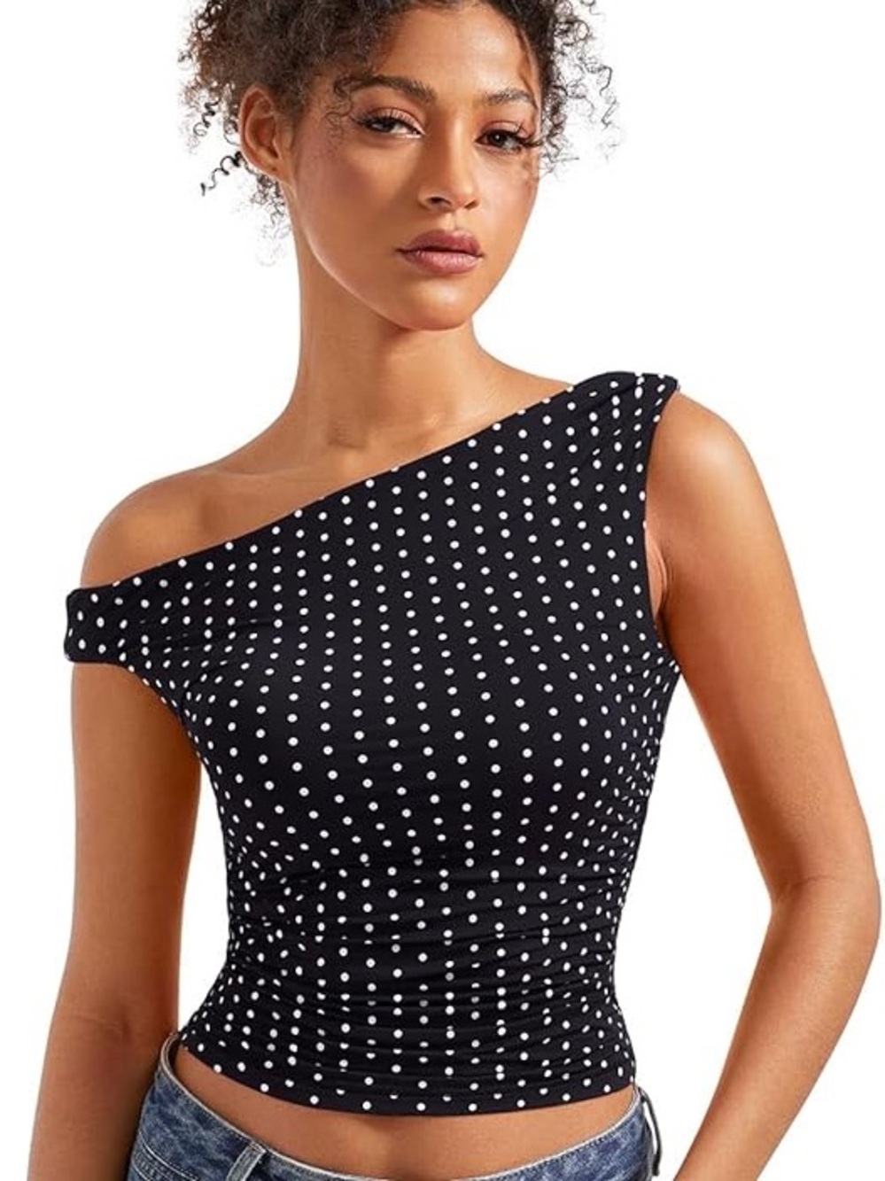 Black Off the Shoulder Double Lined Polka Dot Top
